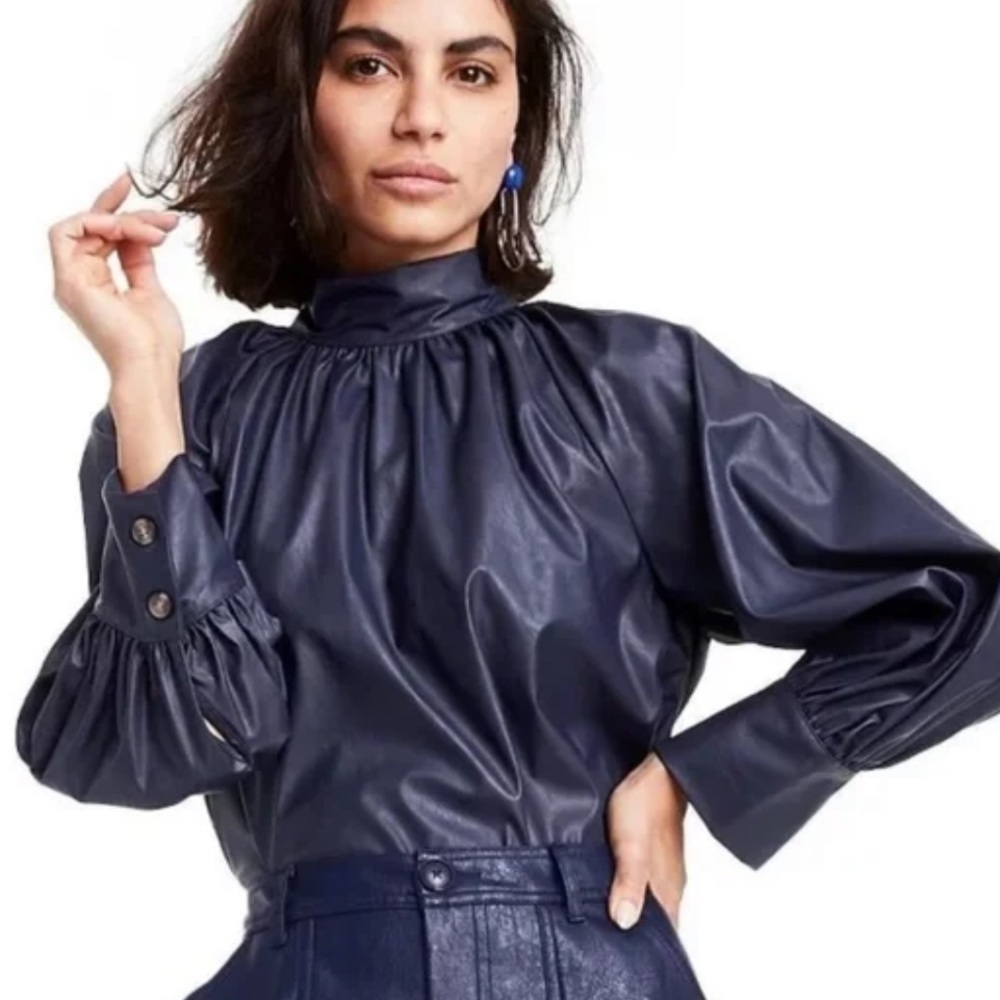 NWT Rachel Comey for Target Navy Blue Long Sleeve Faux Leather Tie Back Top